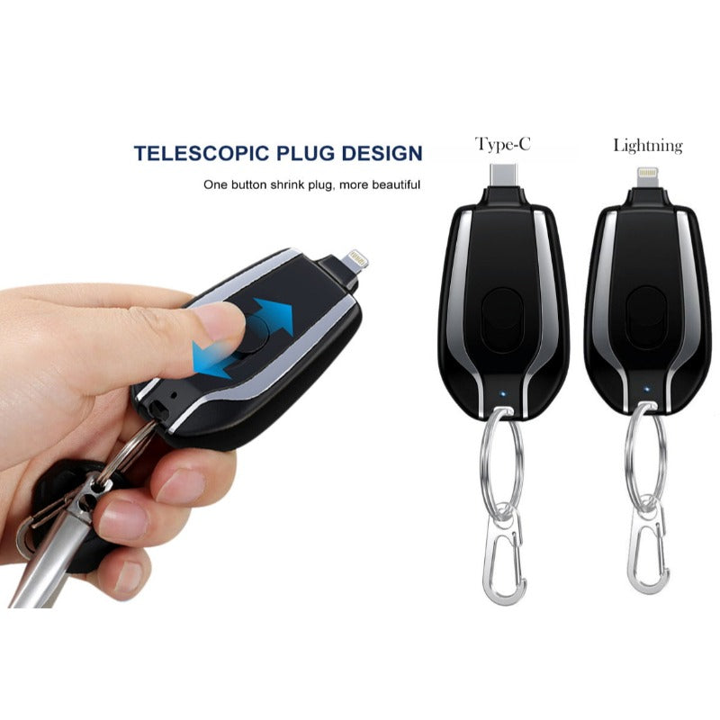 1500 MAH Emergency Power Bank Charger Keychain for Phones, Earbuds, and Wireless Devices