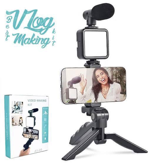 AY-49 Video Vlogging Set| 4-in-1 Recording Tripod, YouTube, TikTok, Live Stream Video Making Kit with LED Light, Mic, & Wireless Remote for Phone