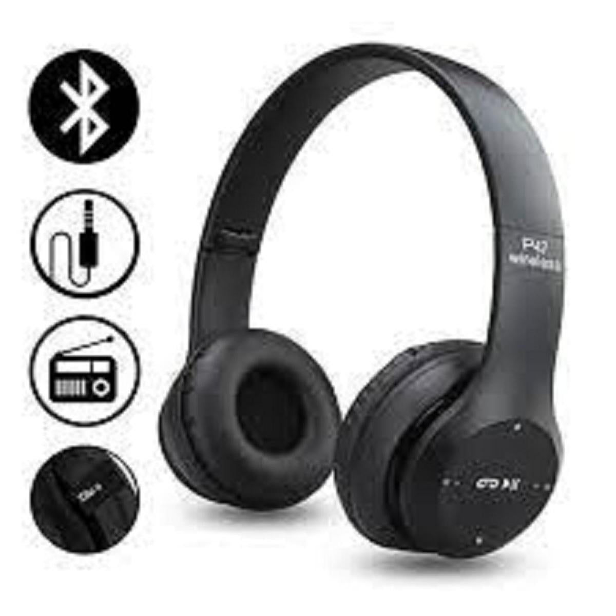 4-in-1  Wireless Headphones P47 | Bluetooth Foldable Headset | Stereo Sound | FM Radio & SD Card Support | Built-in Microphone