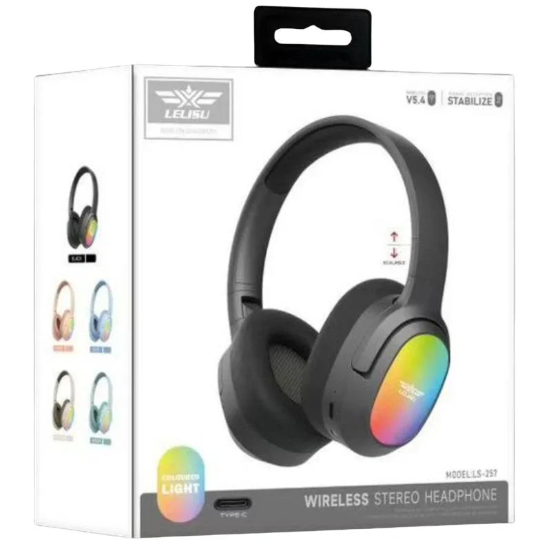 Lelisu LS-257 Wireless Bluetooth 5.4 Over-Ear Headphones with RGB LED Lights & Type-C Fast Charging — Deep Bass Stereo Gaming Headset with Built-in Mic