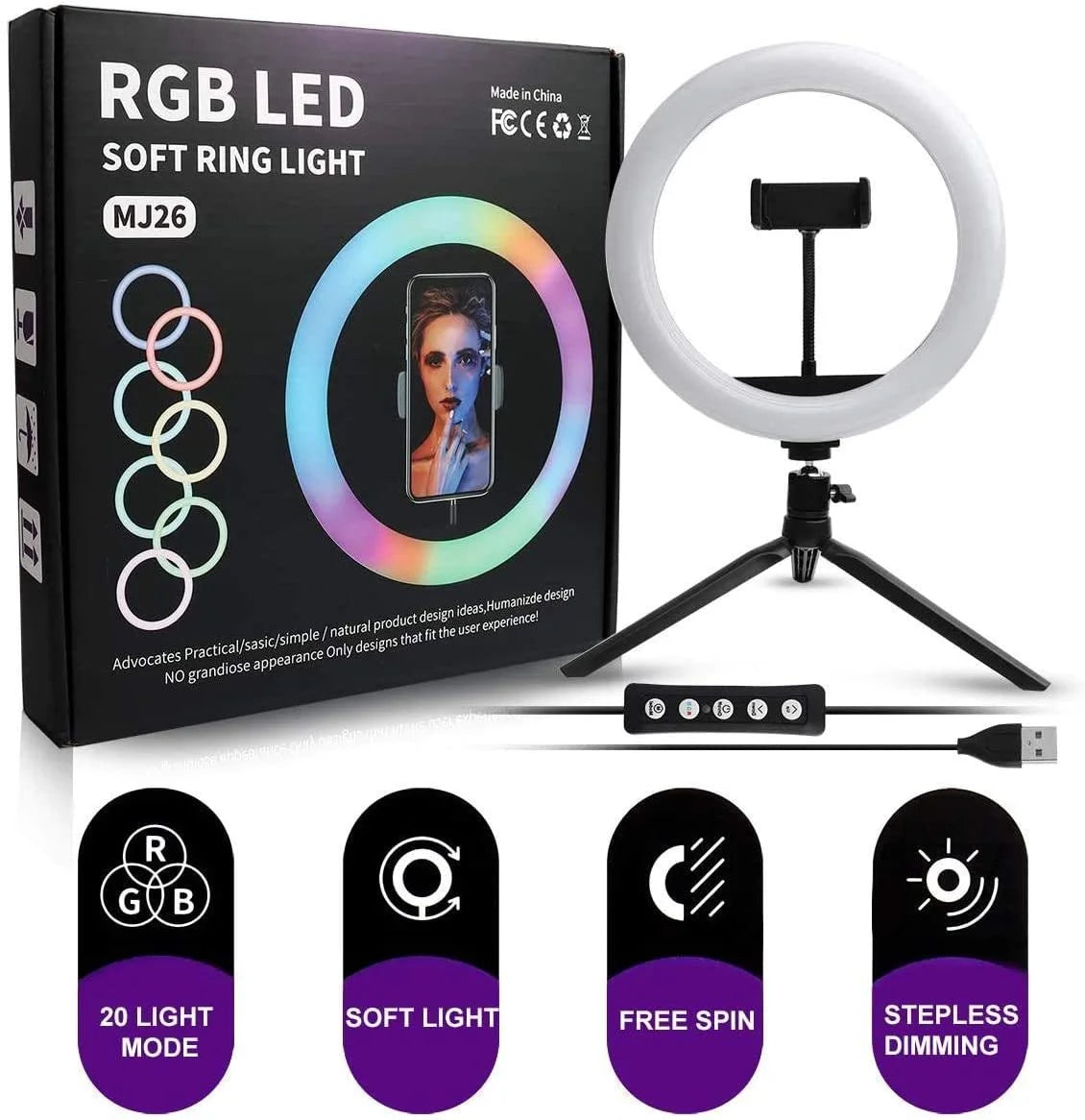 |RGB MJ26| LED Ring Light 26cm with Tripod, Phone Holder & 360° Color Modes