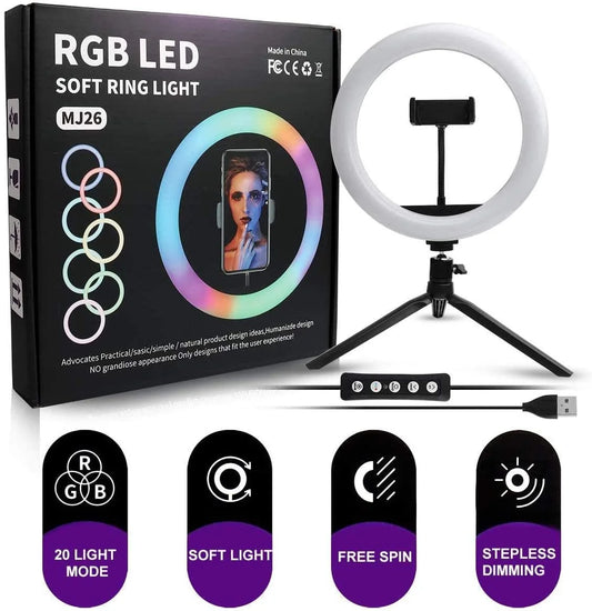 |RGB MJ26| LED Ring Light 26cm with Tripod, Phone Holder & 360° Color Modes