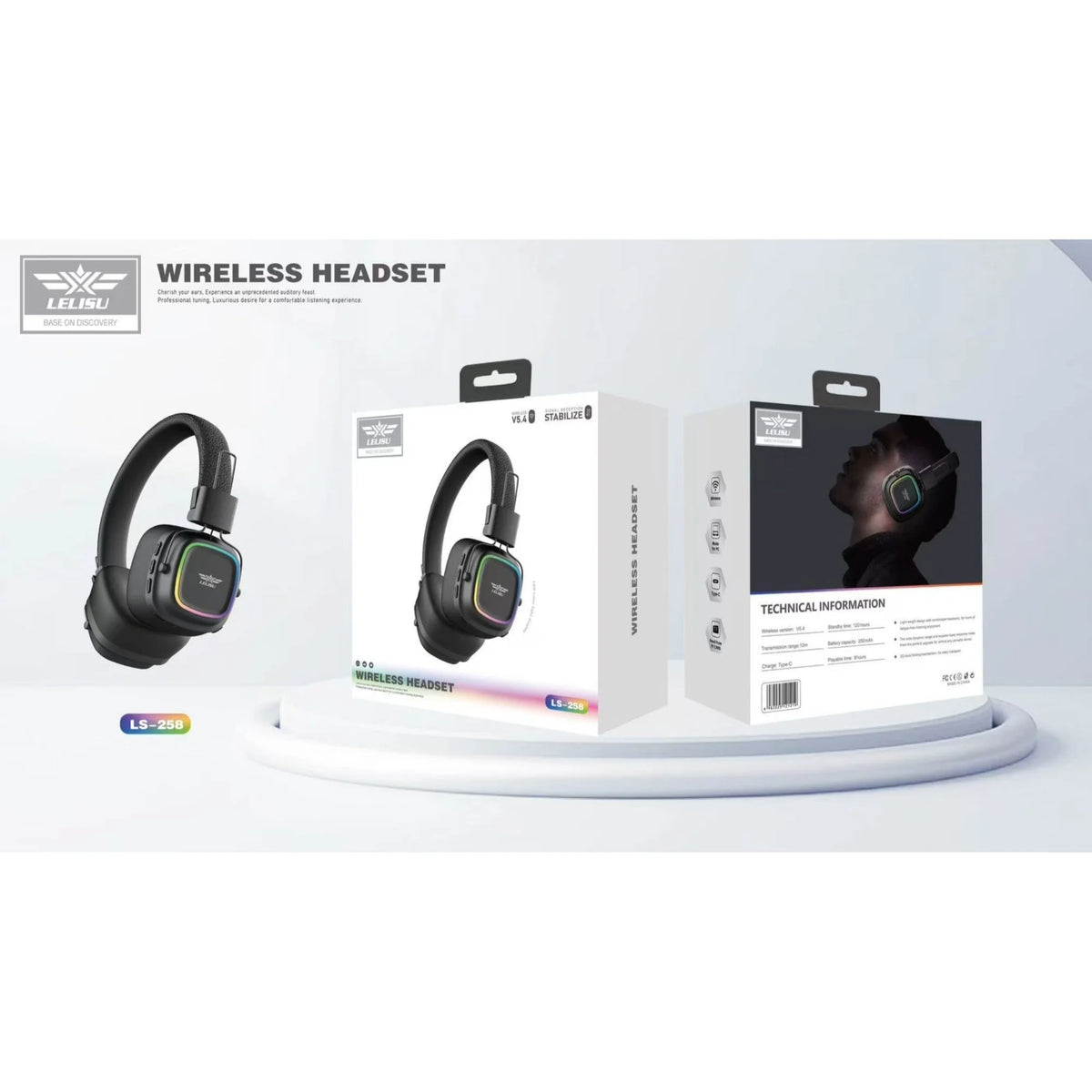 Lelisu LS-258 Wireless Bluetooth 5.4 Headphones | Deep Bass Over-Ear Gaming Headset with LED Lights & Mic
