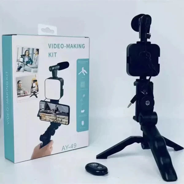 AY-49 Video Vlogging Set| 4-in-1 Recording Tripod, YouTube, TikTok, Live Stream Video Making Kit with LED Light, Mic, & Wireless Remote for Phone