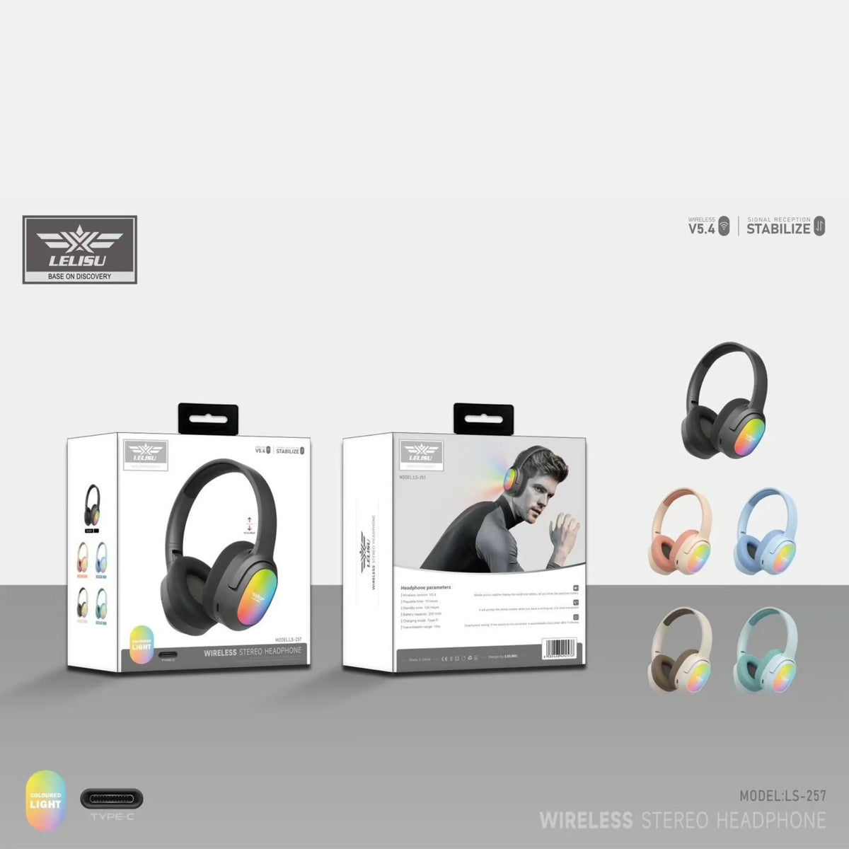 Lelisu LS-257 Wireless Bluetooth 5.4 Over-Ear Headphones with RGB LED Lights & Type-C Fast Charging — Deep Bass Stereo Gaming Headset with Built-in Mic