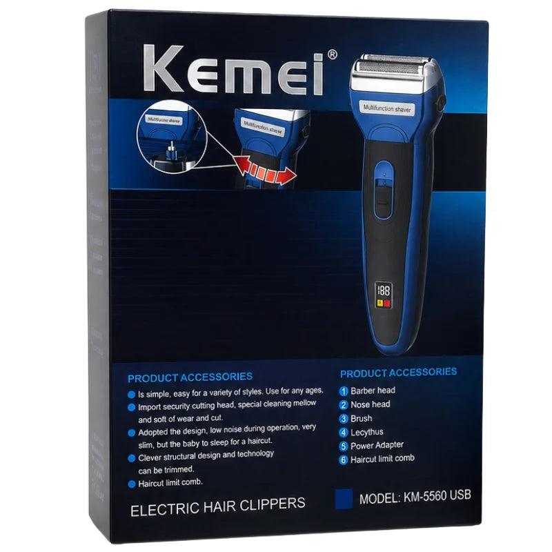 Kemei USB Rechargeable Electric Hair Trimmer Clipper Shaver Model KM 5560 Shaving Machine with Nose Trimmer Attachment