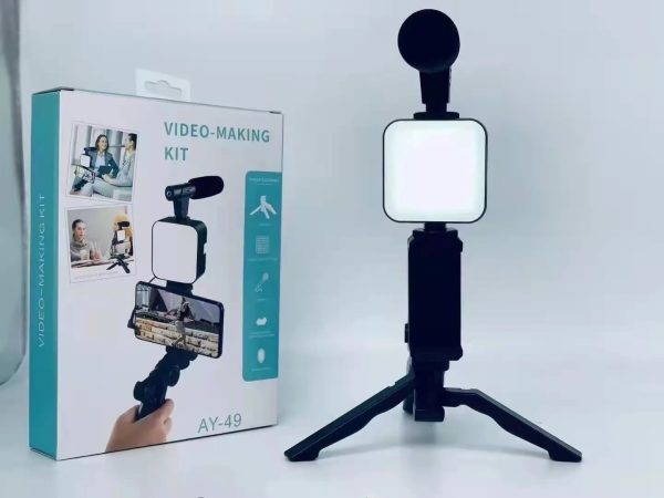 AY-49 Video Vlogging Set| 4-in-1 Recording Tripod, YouTube, TikTok, Live Stream Video Making Kit with LED Light, Mic, & Wireless Remote for Phone