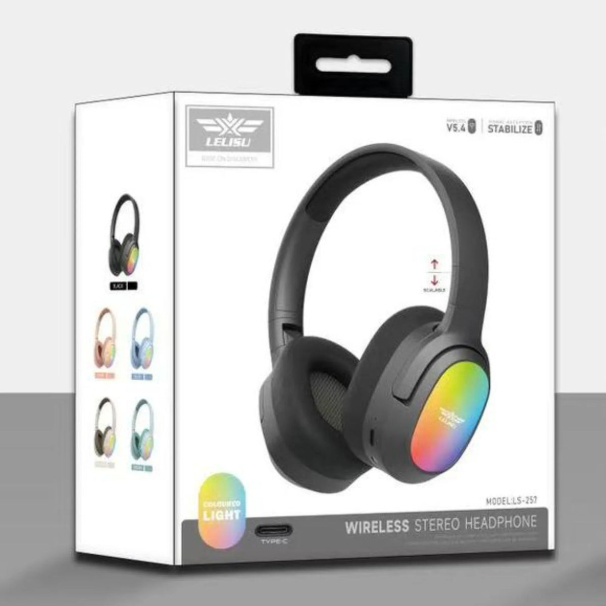 Lelisu LS-257 Wireless Bluetooth 5.4 Over-Ear Headphones with RGB LED Lights & Type-C Fast Charging — Deep Bass Stereo Gaming Headset with Built-in Mic